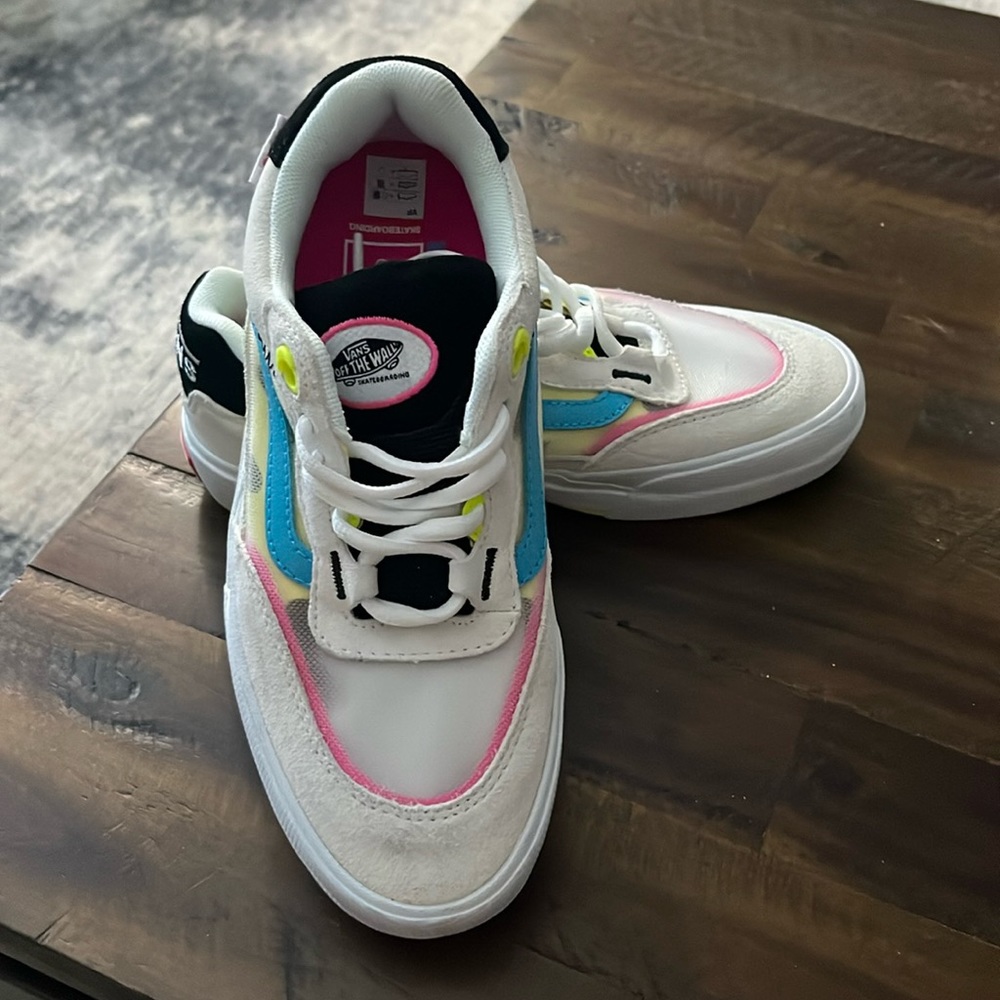 White, Neon Yellow/Blue/Pink Vans
